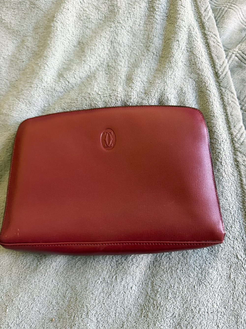 Cartier Deep Red Leather Zip Pouch with Embossed Logo